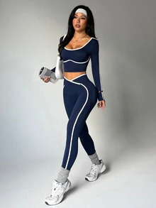 Dewbera Dewbera Seamless High Elasticity Yoga Sporty Sexy Fitness Women Sports Criss-Cross Waist Contrast Color Two Piece Legging Set Navy Blue Workout Gym Autumn - Navy Blue - View 6