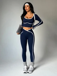 Dewbera Dewbera Seamless High Elasticity Yoga Sporty Sexy Fitness Women Sports Criss-Cross Waist Contrast Color Two Piece Legging Set Navy Blue Workout Gym Autumn - Navy Blue - View 4
