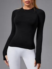 Dewbera Dewbera Seamless Thumb Hole Sports T-Shirt Gym Top Compression Shirt - Black - View 7