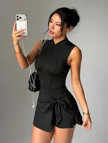 Dewbera Dewbera 女款極簡休閒純色半拉鍊前領裹身繫帶無袖修身運動洋裝，黑色，適合夜晚外出，夏季穿著 - 黑色 - 查看 3