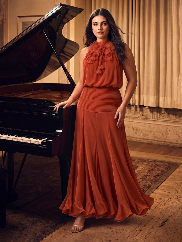 Anewsta Affair Anewsta Spring/Summer New Holiday Party Sleeveless Detachable Floral Decor Cinched Waist Ruffle Hem Maxi Dress, Plus Size - Coral Orange - View 1