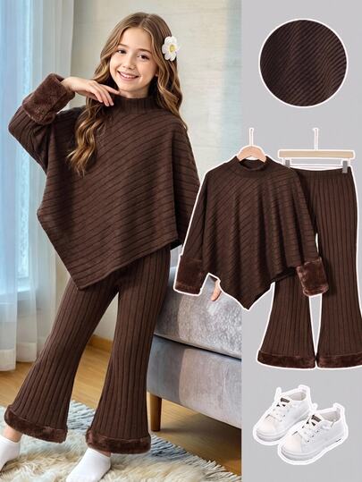 SHEIN Elladie kids طقم تي شيرت كاجوال للفتيات المراهقات للربيع/الخريف/الشتاء، مصمم بأسلوب غير متماثل بياقة عالية محبوكة ومضلعة من قماش ناعم بلون كاكي موحد، تي شيرت بأكمام طويلة مع بنطال كاجوال واسع الساق بلون كاكي، طقم من قطعتين مناسب لموسم العودة إلى المدرسة في الربيع/الخريف/الشتاء، إطلالة أنيقة وبسيطة وفاخرة للتنقل اليومي والمدرسة والخروجات والعطلات والحفلات