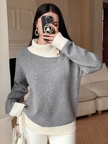 Dazy Kids 青少年女孩秋冬休閒寬鬆條紋毛衣 - 灰色 - 查看 7