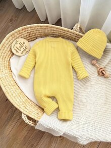 SHEIN 新生兒圓領前開扣長袖黃色羅紋針織秋冬連身衣 - 黃色 - 查看 3