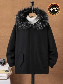 SHEIN 兒童青少年男孩休閒百搭保暖內裡加厚連帽大領夾克外套，適合秋冬，填充外套，冬季外套，絎縫外套，保暖，加厚 - 黑色 - 查看 4