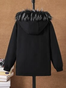 SHEIN 兒童青少年男孩休閒百搭保暖內裡加厚連帽大領夾克外套，適合秋冬，填充外套，冬季外套，絎縫外套，保暖，加厚 - 黑色 - 查看 3