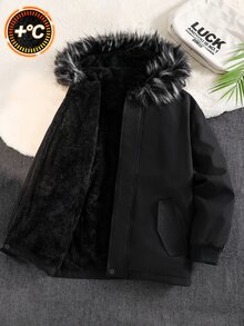 SHEIN 兒童青少年男孩休閒百搭保暖內裡加厚連帽大領夾克外套，適合秋冬，填充外套，冬季外套，絎縫外套，保暖，加厚 - 黑色 - 查看 2