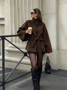 SHEIN PariChic Solid Belted Cape Overcoat Office Dark Brown Fall French Elegant - Coffee Brown - View 1