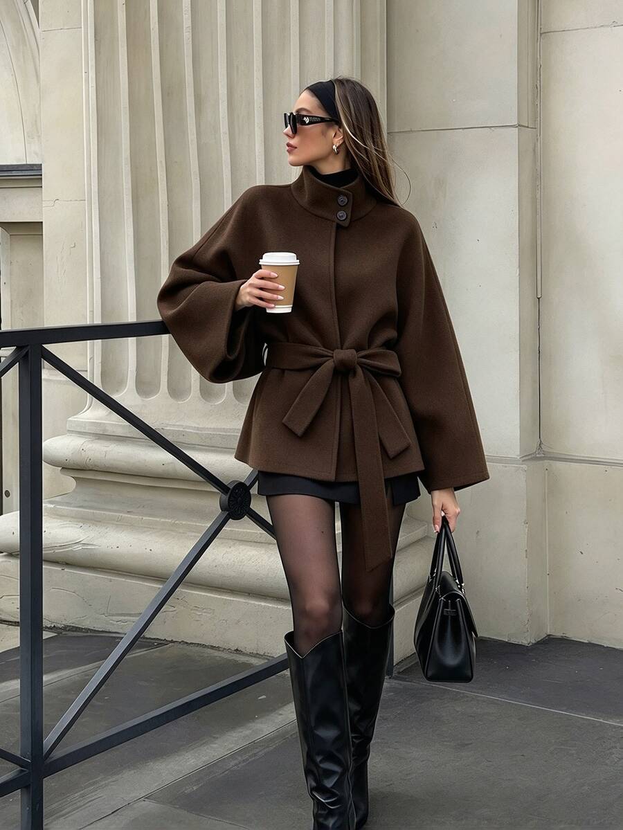 SHEIN PariChic Solid Belted Cape Overcoat Office Dark Brown Fall French Elegant - Coffee Brown - View 1