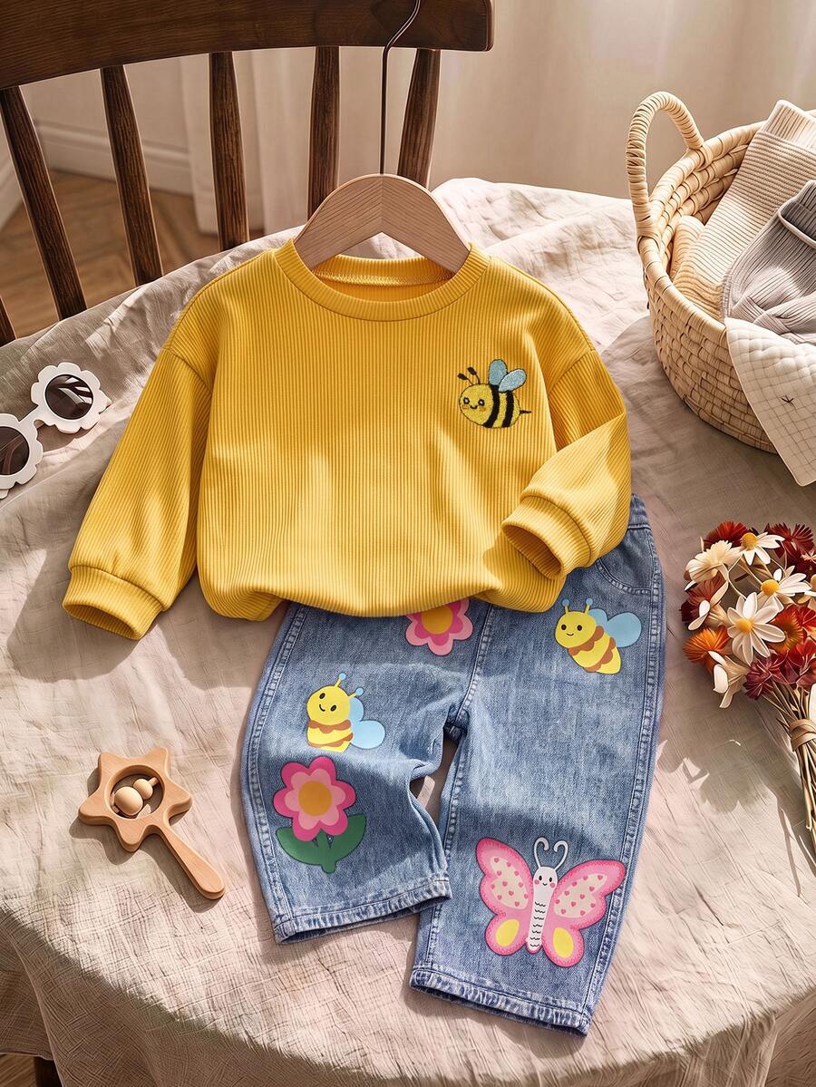SHEIN Babygirl Casual Cute Knitted Striped Cartoon Pattern Sweatshirt And Elastic Waist Long Pants Set - Multicolor - View 1