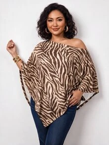 Truni Plus-Size Knit Zebra Print One-Shoulder Asymmetrical Shawl Top Pear Body Triangle Fall Travel Going Out Party Tan Spotty 1950s Sexy Vintage Casual - Multicolor - View 1