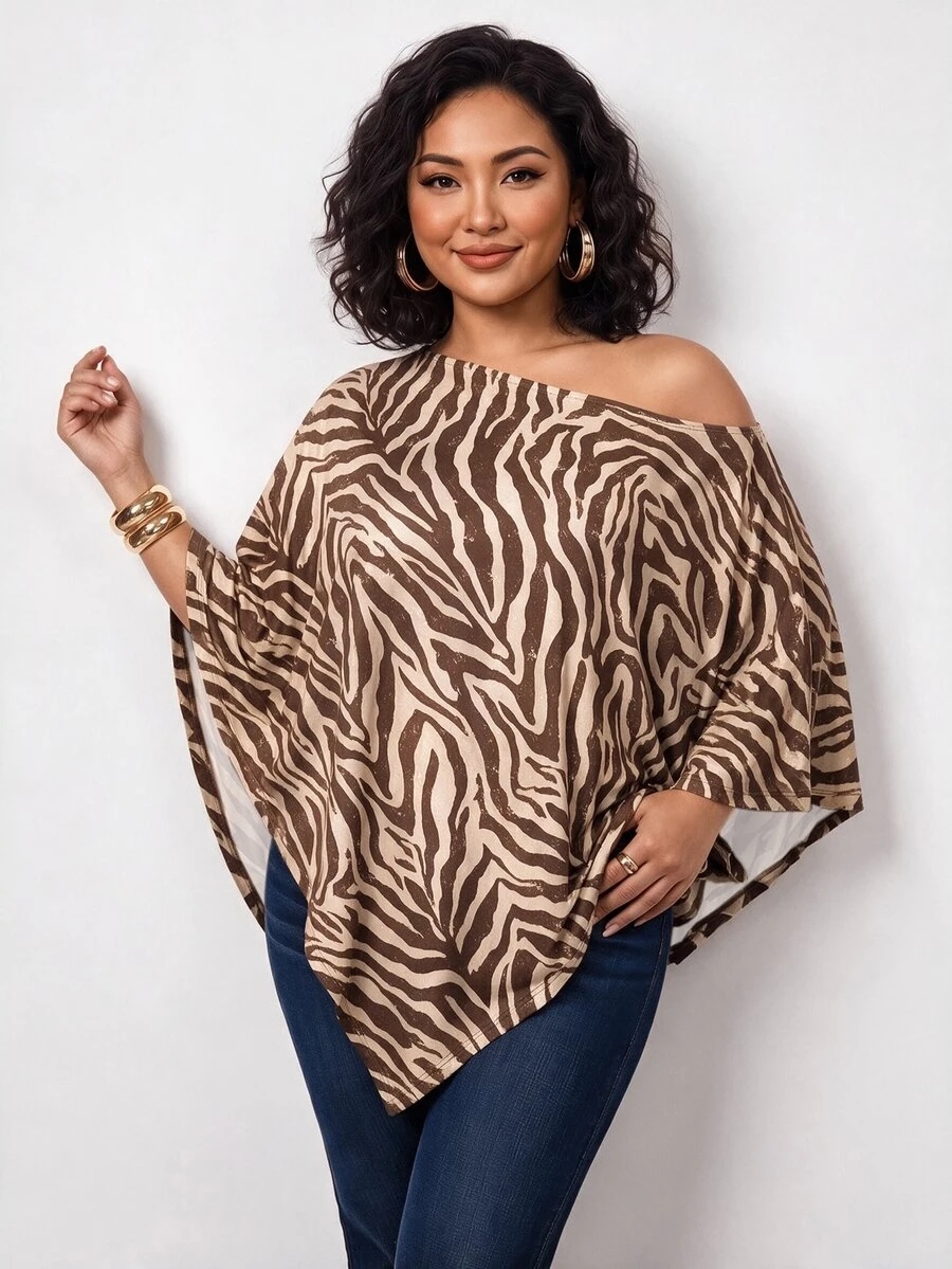 Truni Plus-Size Knit Zebra Print One-Shoulder Asymmetrical Shawl Top Pear Body Triangle Fall Travel Going Out Party Tan Spotty 1950s Sexy Vintage Casual - Multicolor - View 1