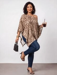 Truni Plus-Size Knit Zebra Print One-Shoulder Asymmetrical Shawl Top Pear Body Triangle Fall Travel Going Out Party Tan Spotty 1950s Sexy Vintage Casual - Multicolor - View 3
