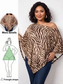 Truni Plus-Size Knit Zebra Print One-Shoulder Asymmetrical Shawl Top Pear Body Triangle Fall Travel Going Out Party Tan Spotty 1950s Sexy Vintage Casual - Multicolor - View 5