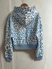 SHEIN x Carly Lawrence INAWLY Sweatshirt Lengan Panjang Wanita Motif Leopard dengan Resleting dan Tali Serut - Biru - View 2