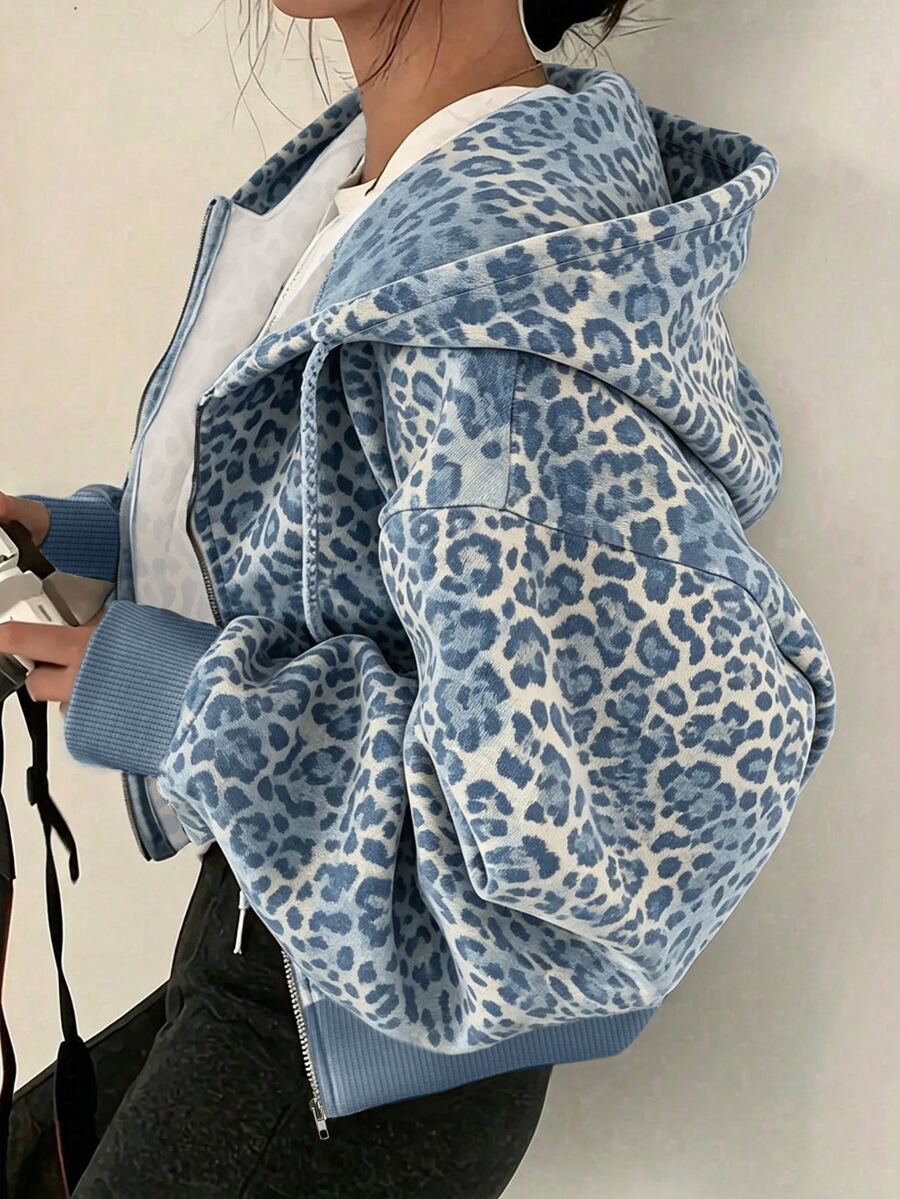 SHEIN x Carly Lawrence INAWLY Sweatshirt Lengan Panjang Wanita Motif Leopard dengan Resleting dan Tali Serut - Biru - View 1