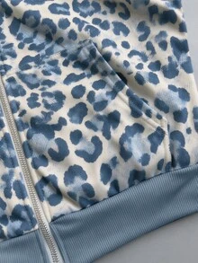 SHEIN x Carly Lawrence INAWLY Sweatshirt Lengan Panjang Wanita Motif Leopard dengan Resleting dan Tali Serut - Biru - View 3