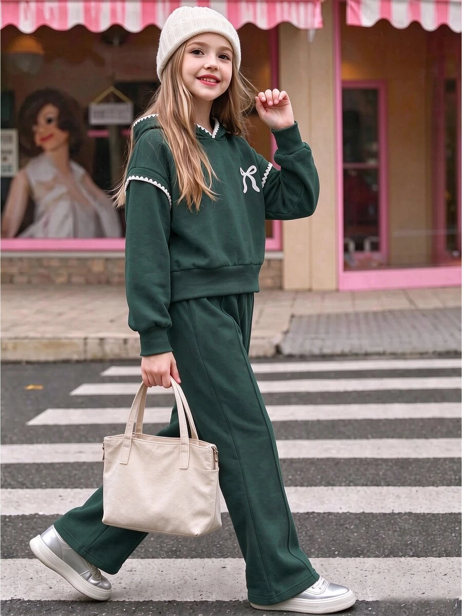 SHEIN Casuvi Kids 女童保暖內裡 2 件式運動服套裝,波浪荷葉邊蝴蝶結對比色刺繡連帽衛衣 + 鬆緊腰長褲,秋季保暖 - 彩色 - 查看 1