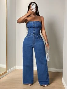 BamGleam Women's Sexy Fitted Blue Denim Jumpsuit With Strapless Button Front And Rhinestone Studs - Dark Wash - View 7