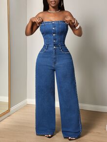 BamGleam Women's Sexy Fitted Blue Denim Jumpsuit With Strapless Button Front And Rhinestone Studs - Dark Wash - View 5