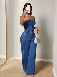 BamGleam Women's Sexy Fitted Blue Denim Jumpsuit With Strapless Button Front And Rhinestone Studs - Dark Wash - View 3