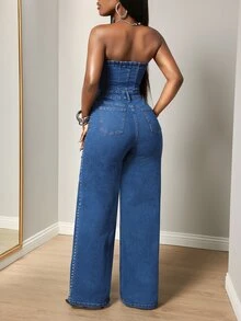 BamGleam Women's Sexy Fitted Blue Denim Jumpsuit With Strapless Button Front And Rhinestone Studs - Dark Wash - View 2