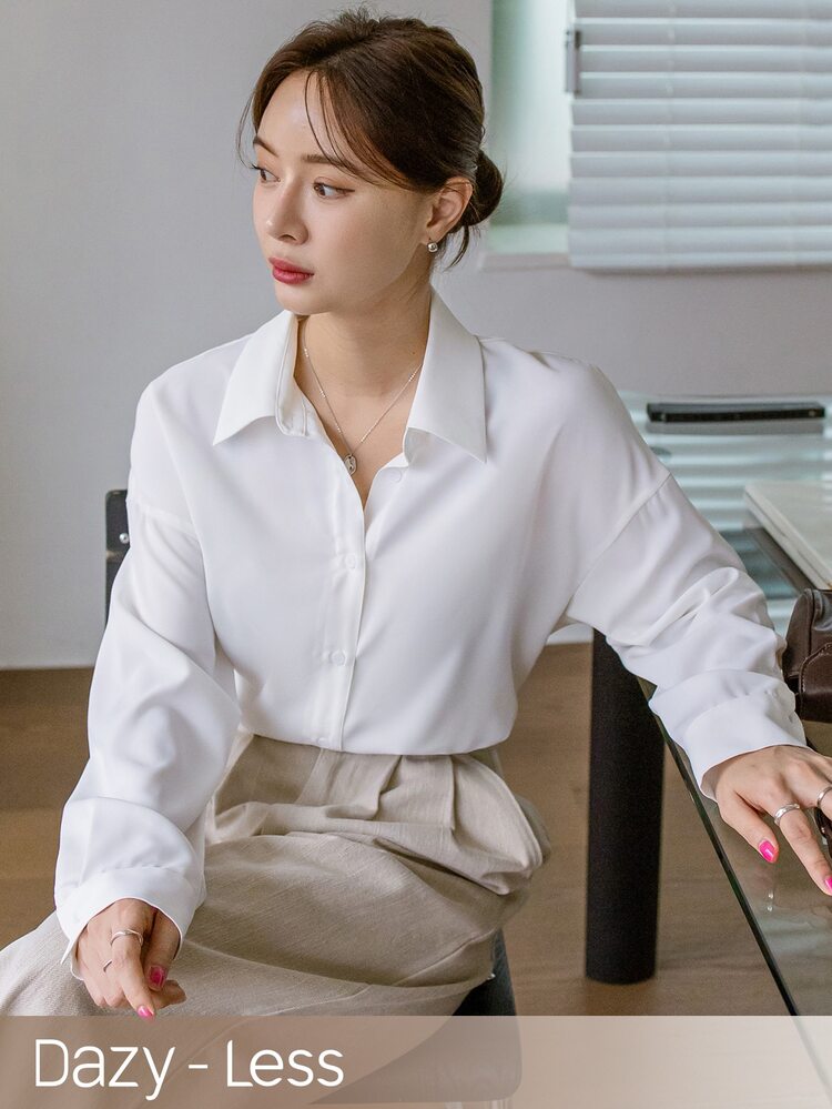 Dazy-Less Women's Solid Color Drop Shoulder Long Sleeve Shirt,Long Sleeve Tops Business Casual Women,Fall Clothes - White - View 4