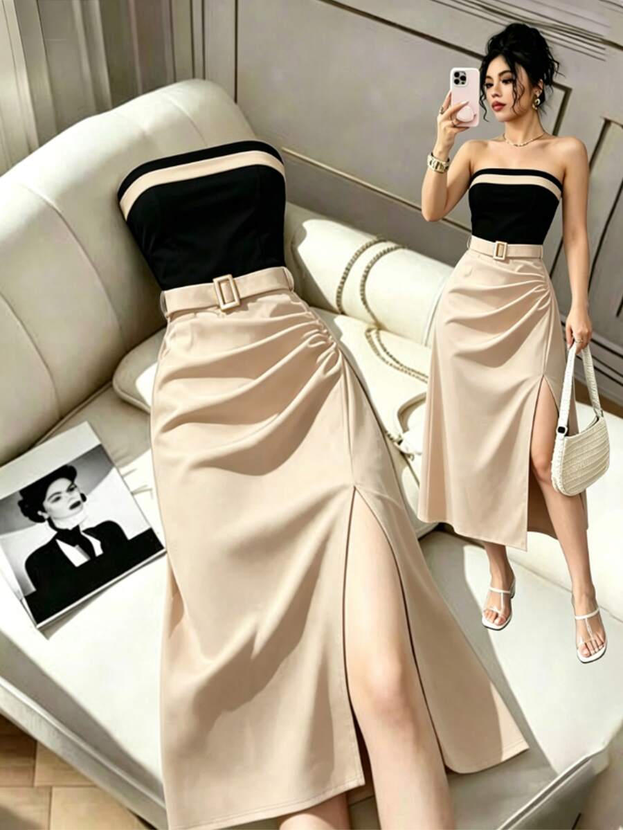 Franclia Women's Casual Color Block Strapless Waist-Cinching Slim Fit Dress With Pleated Hem, Sexy Slit Dress, Commuter Dress, Fashionable Dress, Black And White Color Block Design With Metal Buckle Belt, Office Dress, Suitable For Daily Summer Wear, Summer White Dress, Black Dress, Elegant Dress For Formal Occasions - Apricot - View 1