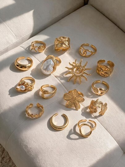 Resyla 15/7pcs Bohemian Style Faux Pearl Flower Women's Sun Rings Suitable For Daily Wear