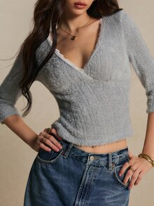 Poéselle 女款秋冬毛絨針織提花蕾絲飾邊七分袖T恤，優雅浪漫休閒上衣，適合上班、約會、派對，聖誕新年淺藍色 - 灰色 - 查看 6