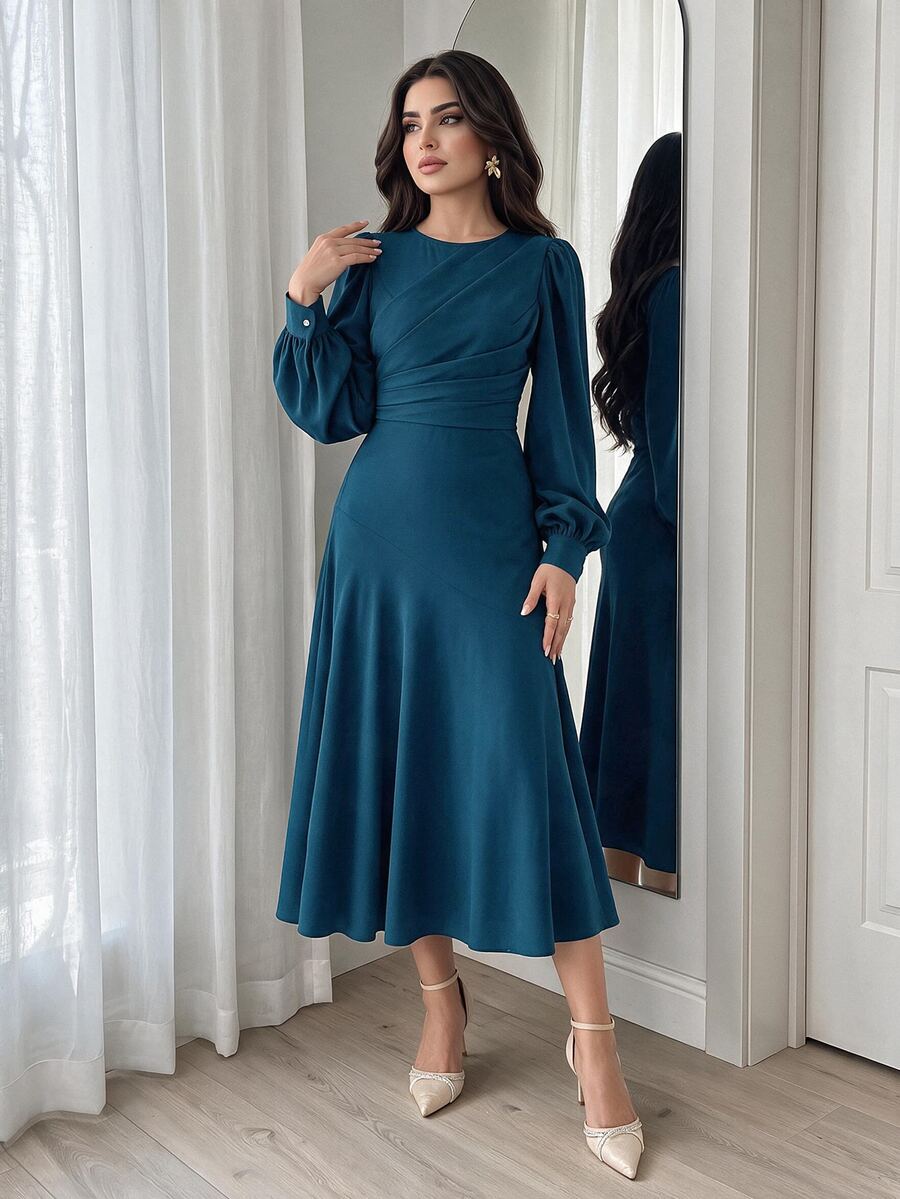 Modelyn Women Solid Color Round Neck Long Sleeve Casual Pleated Midi Dress Long Evening Dresses