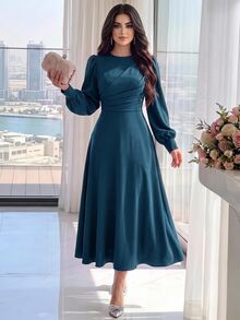Modelyn Women Solid Color Round Neck Long Sleeve Casual Pleated Midi Dress Long Evening Dresses - Teal Blue - View 3