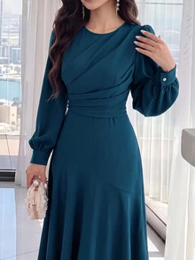 Modelyn Women Solid Color Round Neck Long Sleeve Casual Pleated Midi Dress Long Evening Dresses - Teal Blue - View 7