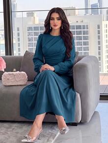 Modelyn Women Solid Color Round Neck Long Sleeve Casual Pleated Midi Dress Long Evening Dresses - Teal Blue - View 6