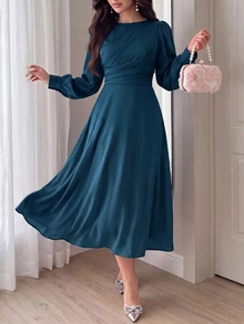 Modelyn Women Solid Color Round Neck Long Sleeve Casual Pleated Midi Dress Long Evening Dresses - Teal Blue - View 5