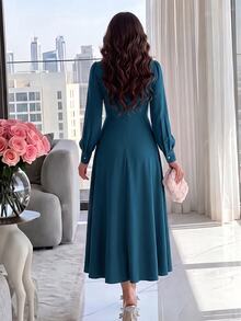 Modelyn Women Solid Color Round Neck Long Sleeve Casual Pleated Midi Dress Long Evening Dresses - Teal Blue - View 4