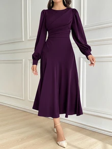 Modelyn Women's Solid Color Round Neck Lantern Sleeve Pleated Long Elegant Dress, Autumn Long Evening Dresses - Red Violet - View 6