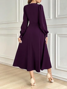 Modelyn Women's Solid Color Round Neck Lantern Sleeve Pleated Long Elegant Dress, Autumn Long Evening Dresses - Red Violet - View 4