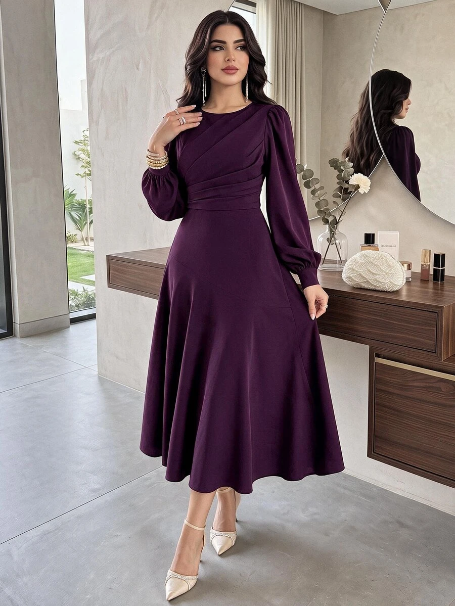 Modelyn Women's Solid Color Round Neck Lantern Sleeve Pleated Long Elegant Dress, Autumn Long Evening Dresses
