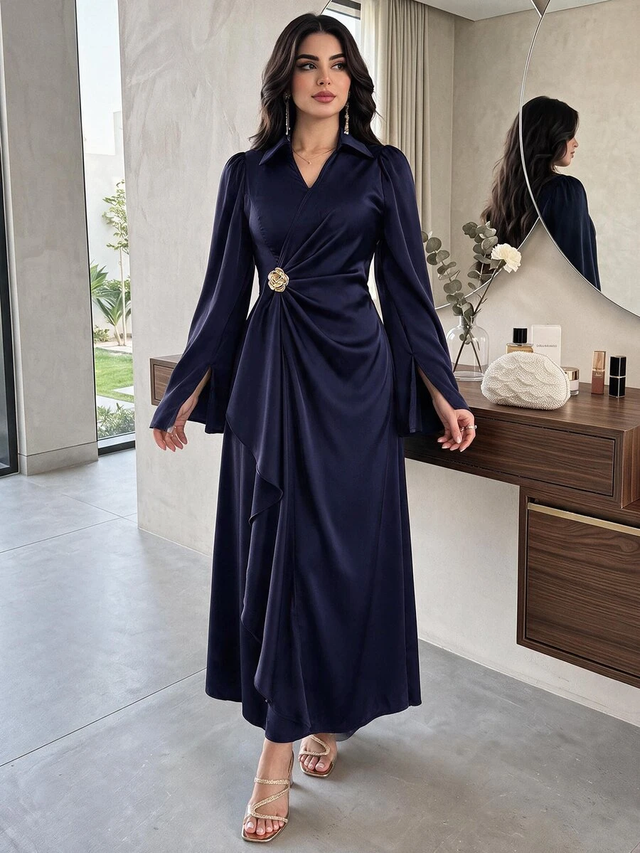 Modelyn 女款純色金屬3D花朵裝飾長袖優雅洋裝 海軍藍 秋冬婚禮正式晚宴新年禮服 - 藏蓝色 - 查看 1