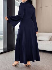 Modelyn 女款純色金屬3D花朵裝飾長袖優雅洋裝 海軍藍 秋冬婚禮正式晚宴新年禮服 - 藏蓝色 - 查看 3