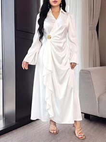 Modelyn Women's Elegant Solid Color Bell Sleeve Wrap Long Dress Wedding Dinner Cocktail White Autumn Party - White - View 5