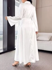 Modelyn Women's Elegant Solid Color Bell Sleeve Wrap Long Dress Wedding Dinner Cocktail White Autumn Party - White - View 3