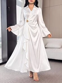 Modelyn Women's Elegant Solid Color Bell Sleeve Wrap Long Dress Wedding Dinner Cocktail White Autumn Party - White - View 7
