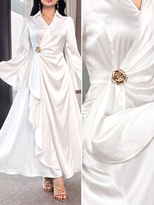 Modelyn Women's Elegant Solid Color Bell Sleeve Wrap Long Dress Wedding Dinner Cocktail White Autumn Party - White - View 2