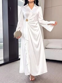 Modelyn Women's Elegant Solid Color Bell Sleeve Wrap Long Dress Wedding Dinner Cocktail White Autumn Party - White - View 8