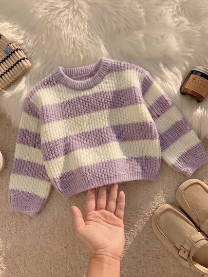 SHEIN Baby Girls Autumn/Winter Minimalist Casual Striped Contrast Color Knit Sweater Long Sleeve Top