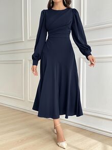 Modelyn Women Solid Color Round Neck Lantern Sleeve Pleated Elegant Dress Long Evening Dresses - Navy Blue - View 6