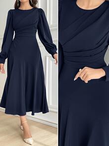 Modelyn Women Solid Color Round Neck Lantern Sleeve Pleated Elegant Dress Long Evening Dresses - Navy Blue - View 3