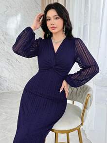 Feyla 女士纯色扭结前襟灯笼袖收腰长连衣裙 - 藏蓝色 - 查看 2